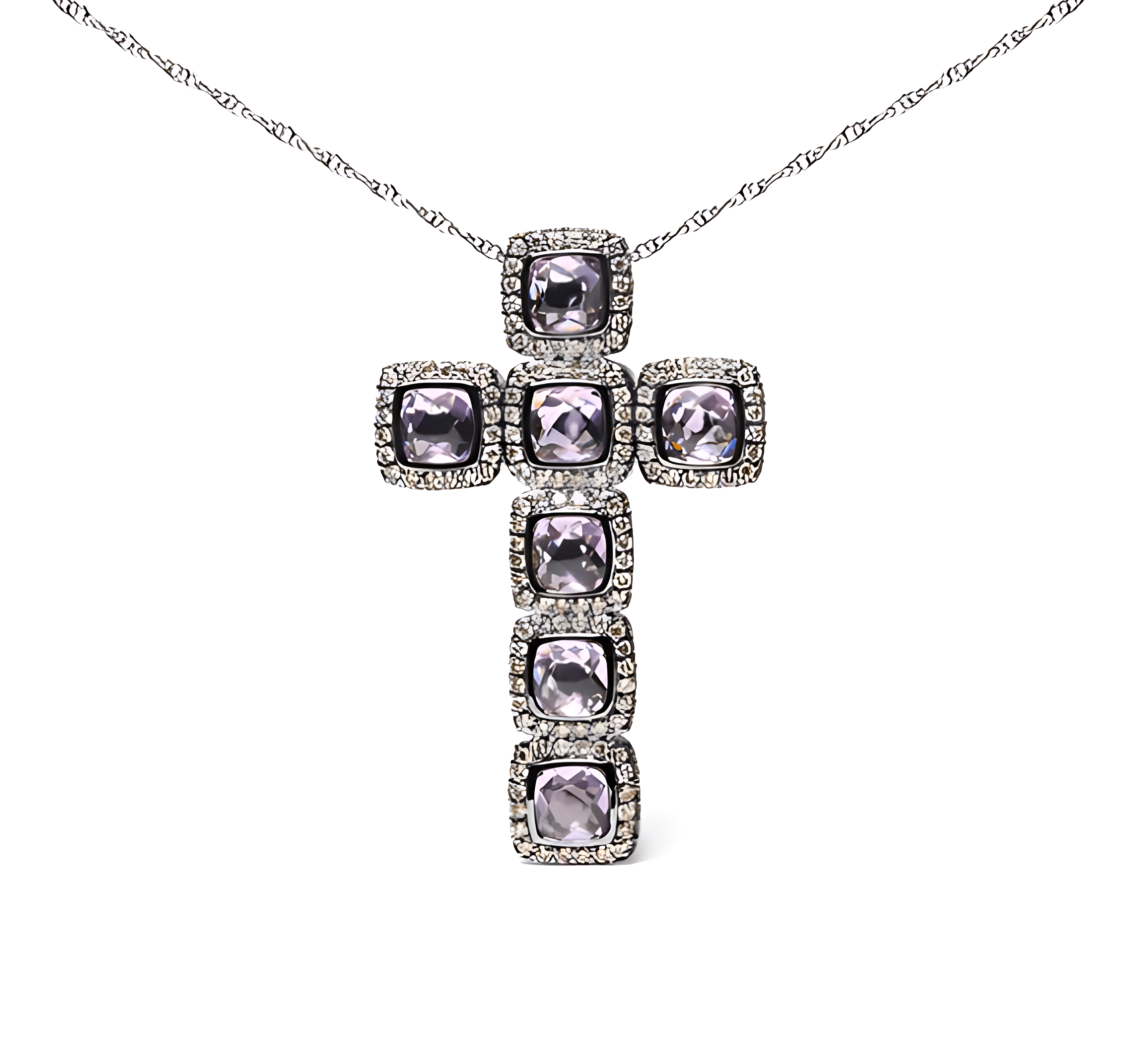 Black Rhodium Plated 18K Rose Gold 1 1/2 Cttw Brown Pave Diamonds and Cushion Cut Rose De France Amethyst Halo Cross 18" Pendant Necklace (Brown Color, SI1-SI2 Clarity) - Stormyjay