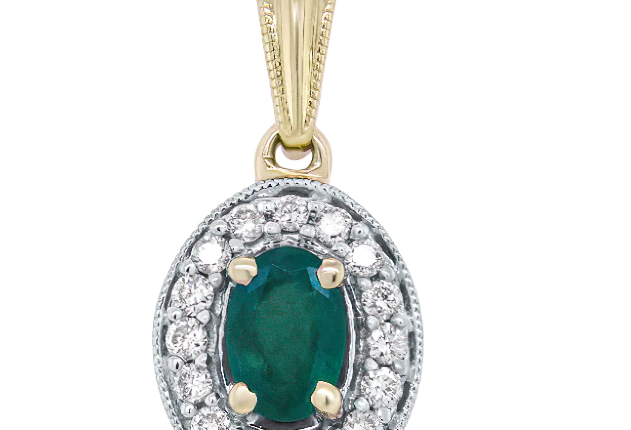14K Yellow Gold 6x4mm Emerald and 1/5 Cttw Round Diamond Halo Pendant 18" Necklace - (H-I Color, SI1-SI2 Clarity) - Stormyjay