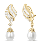 18k Yellow Gold 7.0 Cttw Baguette and Round Diamond South Sea Pearl Drop Dangle Clip-On Earrings (F-G Color, VS1-VS2 Clarity) - Stormyjay