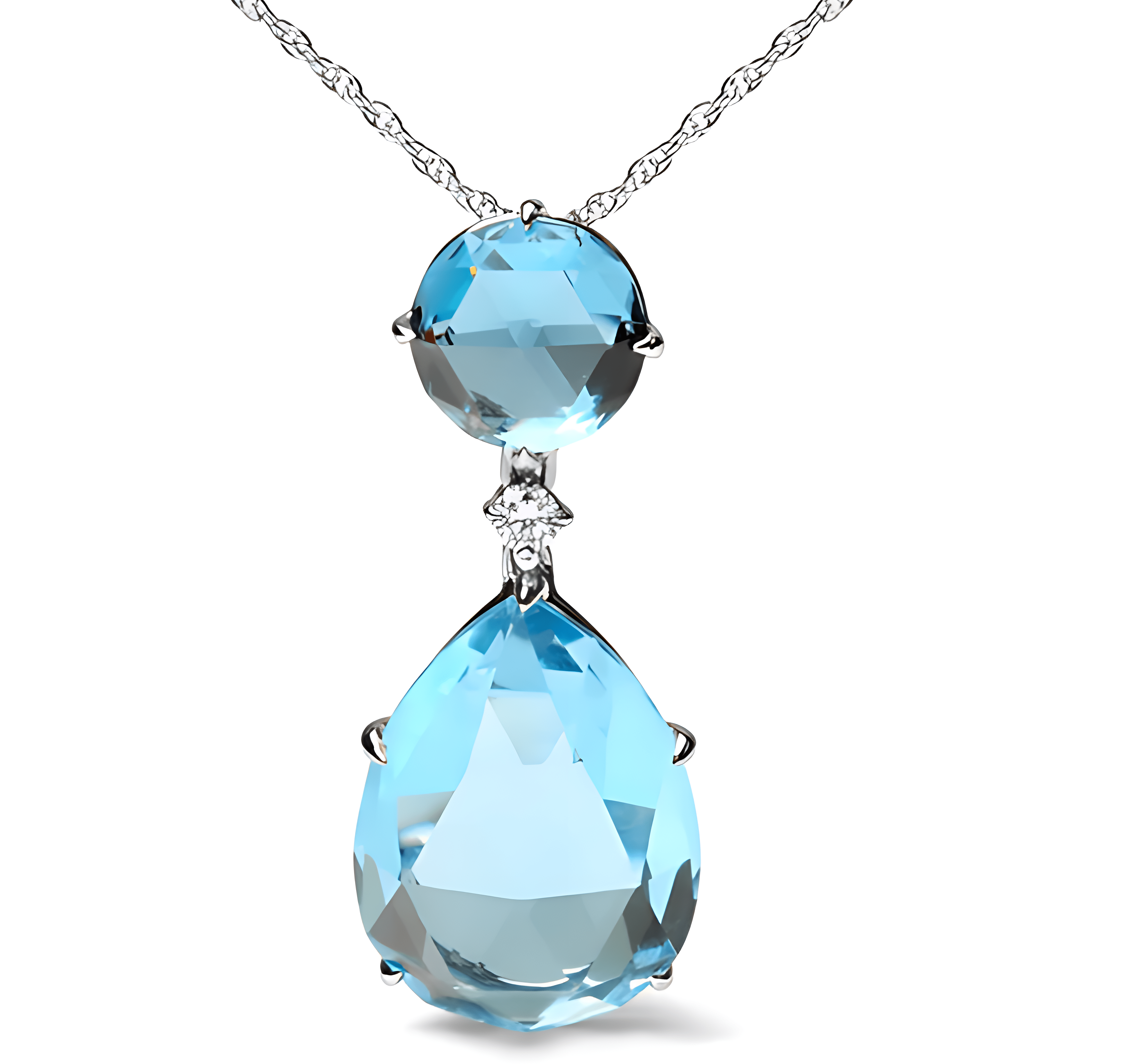 18K White Gold Diamond Accent and Round London Blue Topaz and Pear Cut Sky Blue Topaz Dangle Drop 18" Pendant Necklace (G-H Color, SI1-SI2 Clarity) - Stormyjay