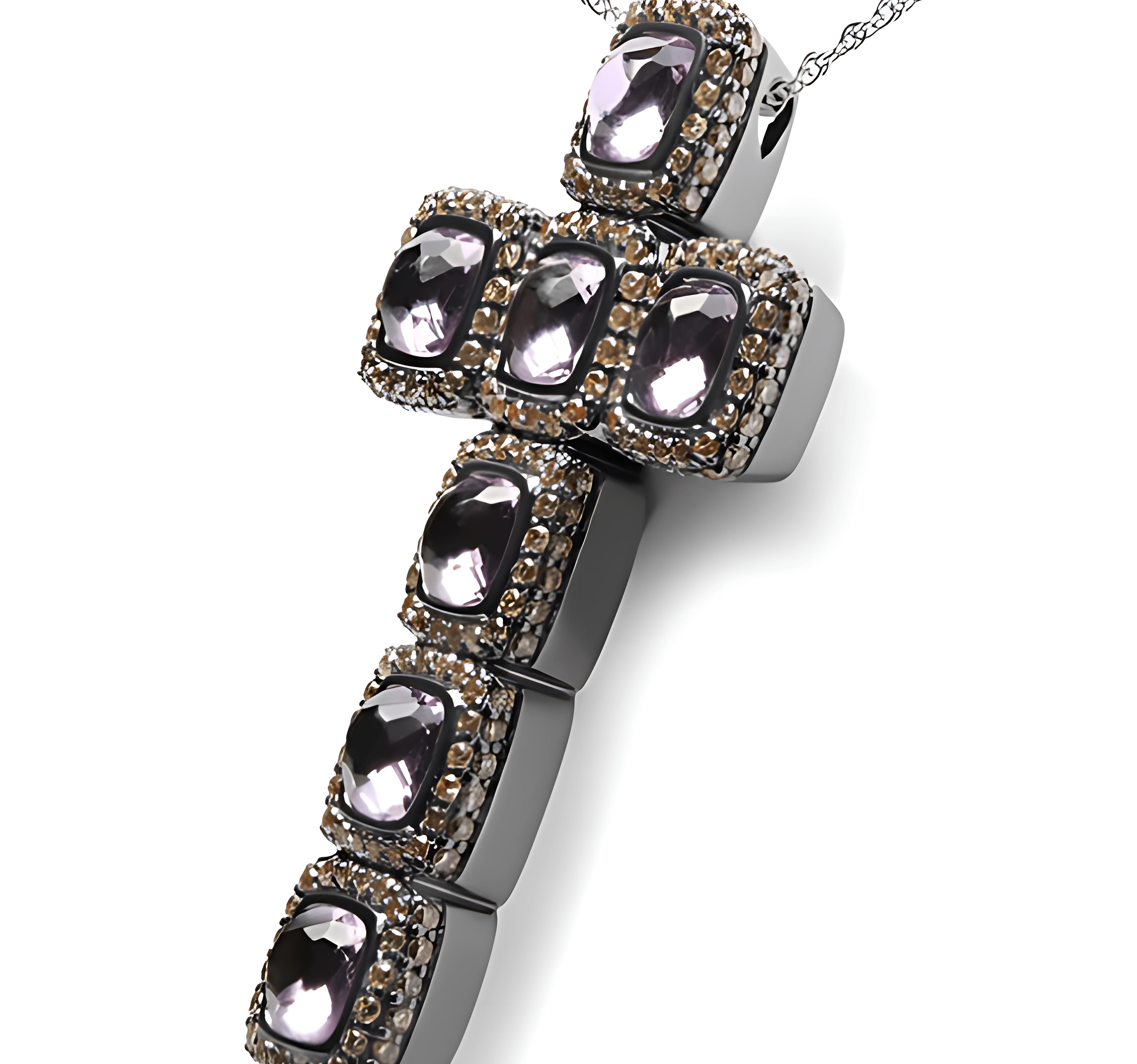 Black Rhodium Plated 18K Rose Gold 1 1/2 Cttw Brown Pave Diamonds and Cushion Cut Rose De France Amethyst Halo Cross 18" Pendant Necklace (Brown Color, SI1-SI2 Clarity) - Stormyjay