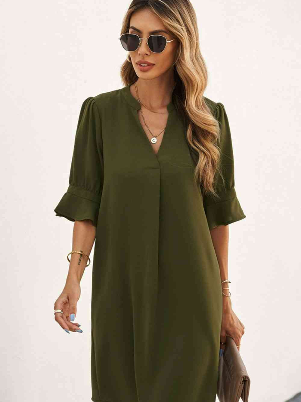 Puff Sleeve Notched Mini Shift Dress - Stormyjay