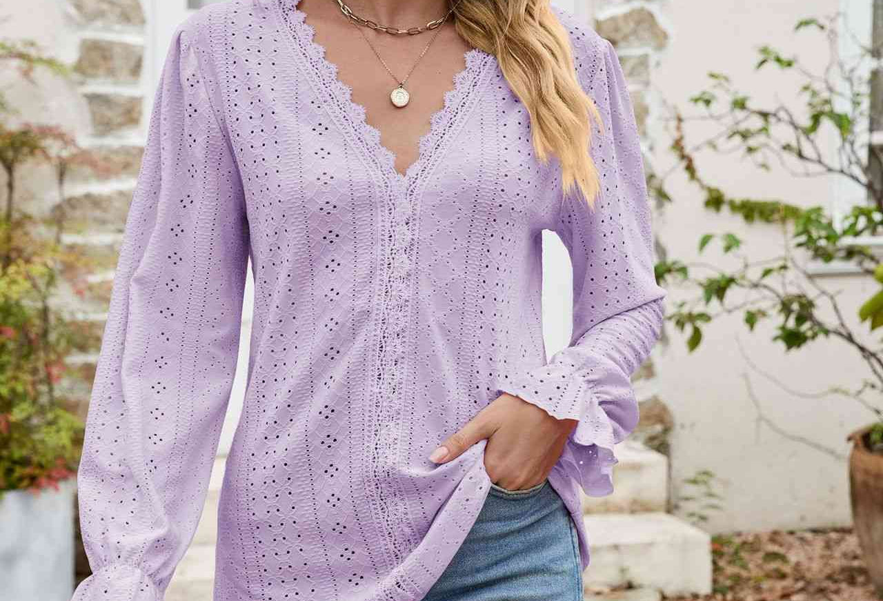 Eyelet Lace Trim Flounce Sleeve Blouse