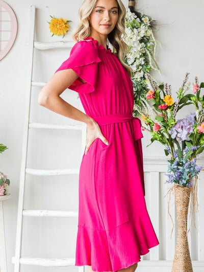 Reborn J Tie Waist Ruffle Trim Short Sleeve Dress - Stormyjay