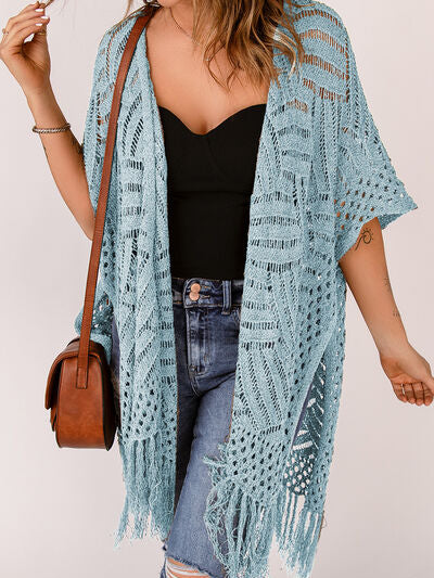 Openwork Open Front Cardigan with Fringes - Stormyjay