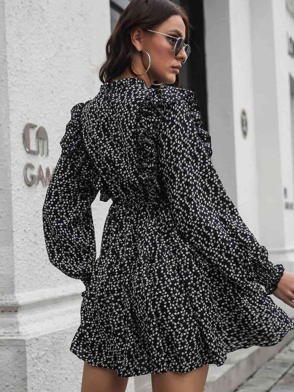 Printed Ruffle Trim Smocked Long Sleeve Mini Dress