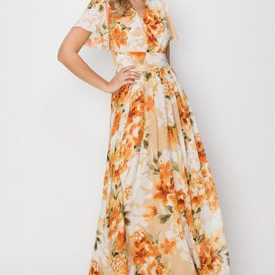 HYFVE Floral Tie Back Short Sleeve Slit Maxi Dress - Stormyjay
