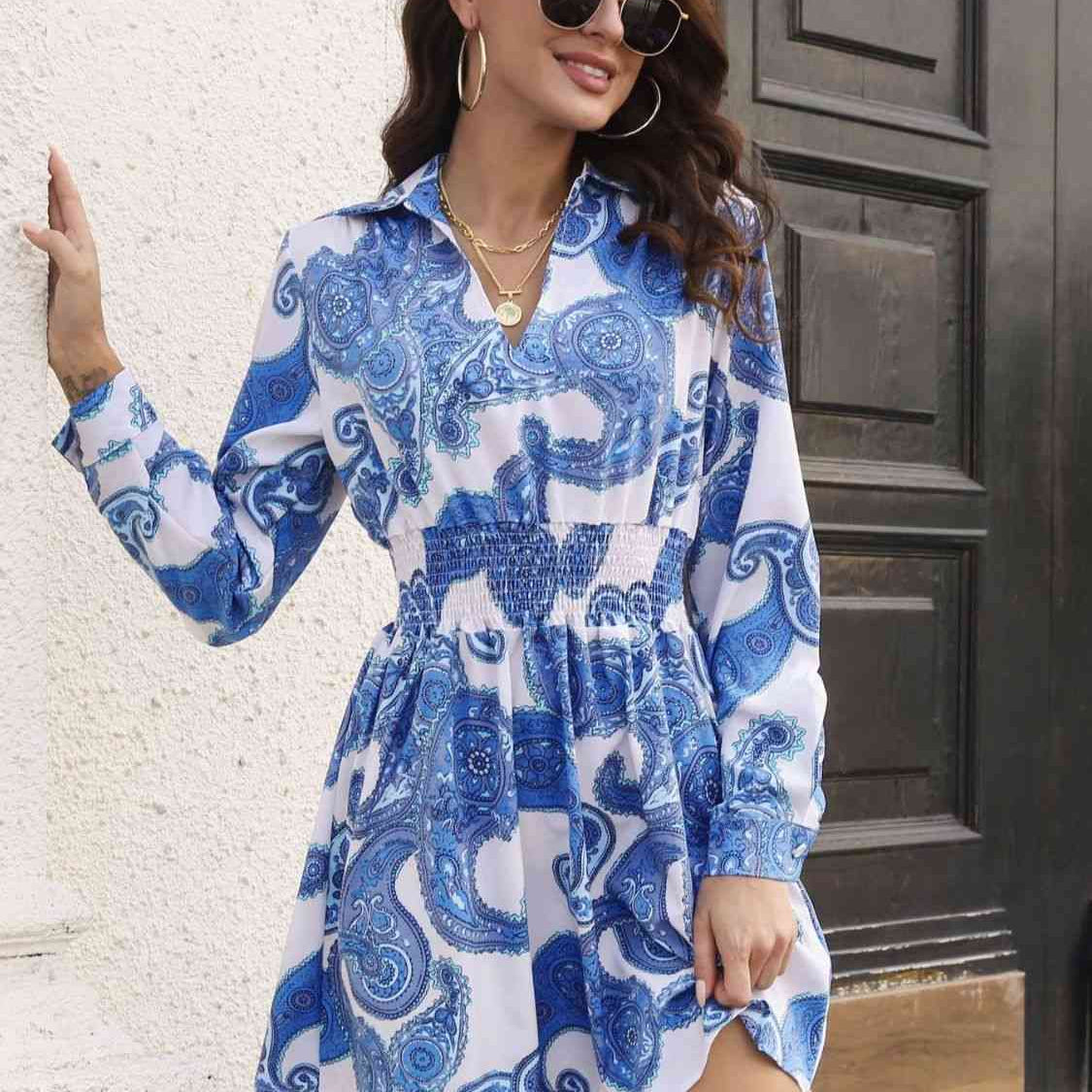 Paisley Print Johnny Collar Smocked Dress