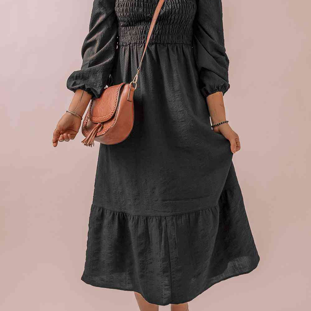 Square Neck Smocked Long Sleeve Dress