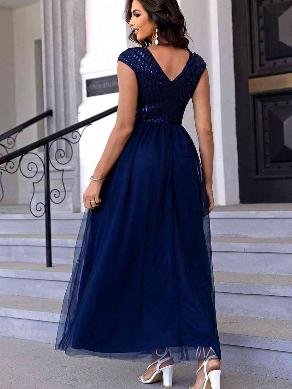 Sequin V-Neck Mesh Maxi Dress