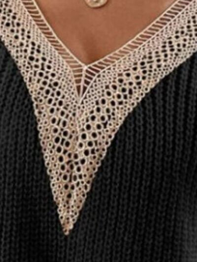 Openwork V-Neck Dropped Shoulder Sweater - Stormyjay