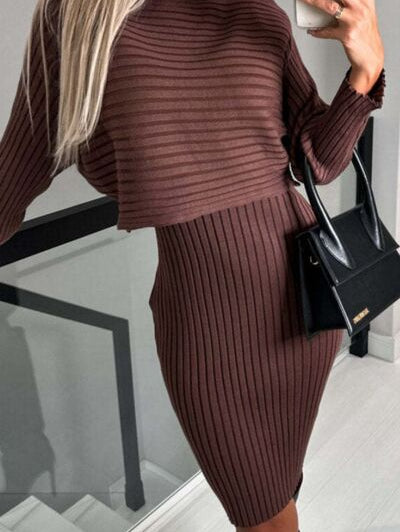Ribbed Round Neck Top and Cami Dress Sweater Set - Stormyjay