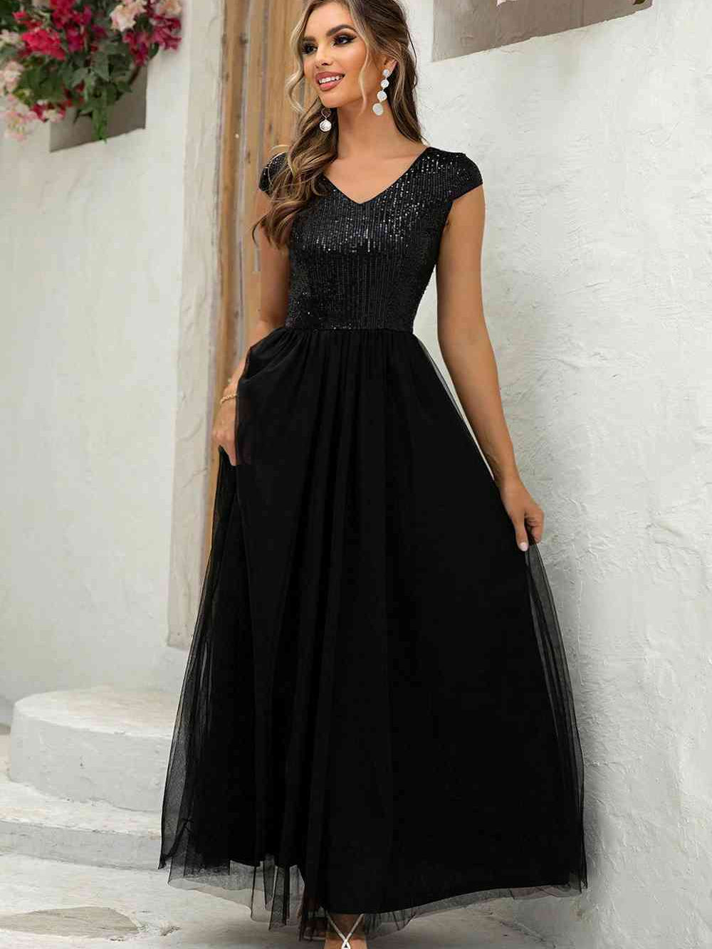 Sequin V-Neck Mesh Maxi Dress