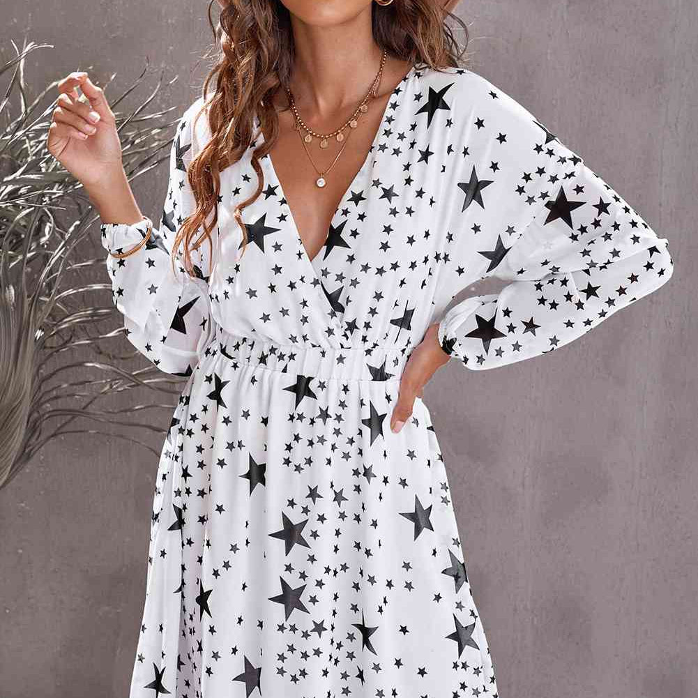 Star Print Dropped Shoulder Surplice Dress - Stormyjay