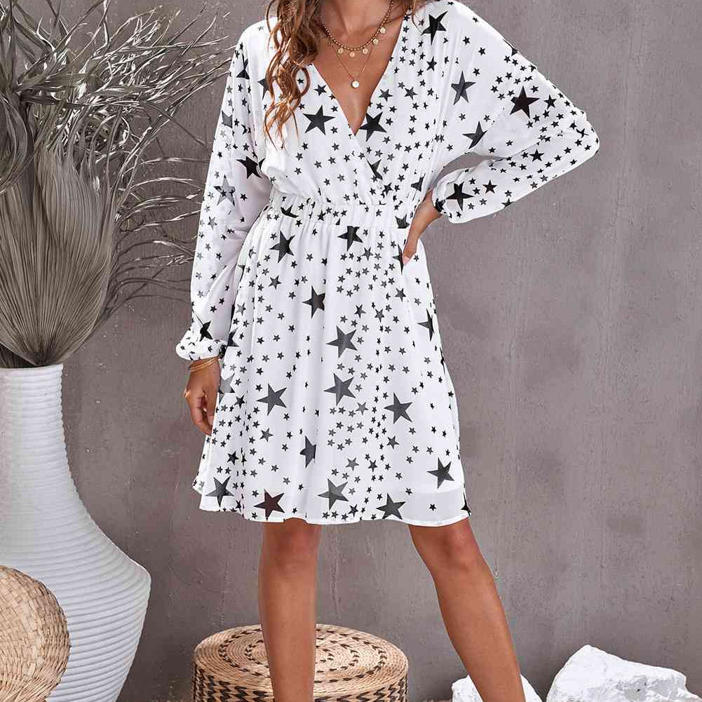 Star Print Dropped Shoulder Surplice Dress - Stormyjay