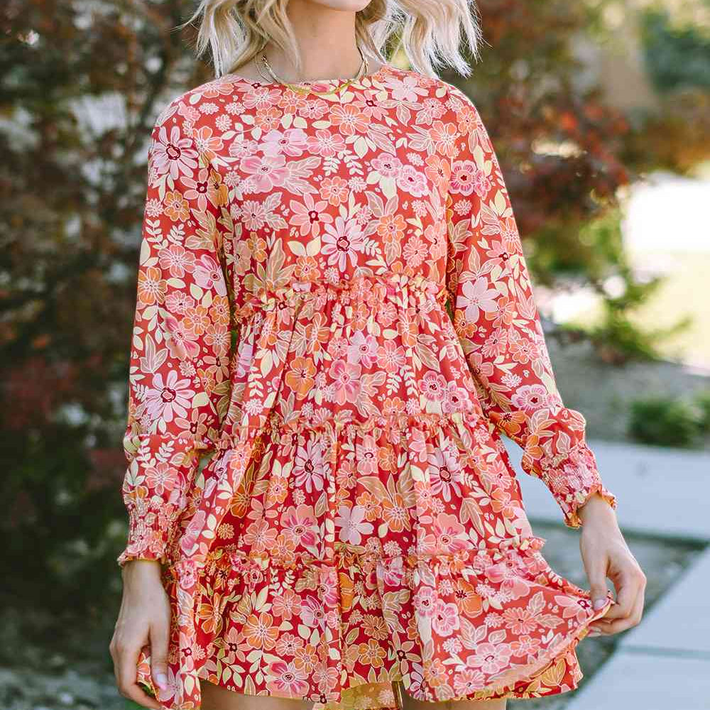 Floral Print Round Neck Long Sleeve Tiered Dress