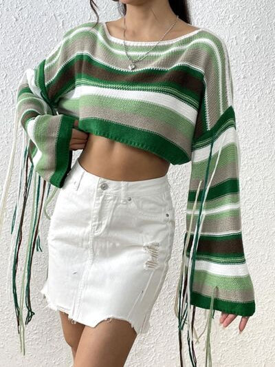 Fringe Striped Round Neck Knit Top - Stormyjay