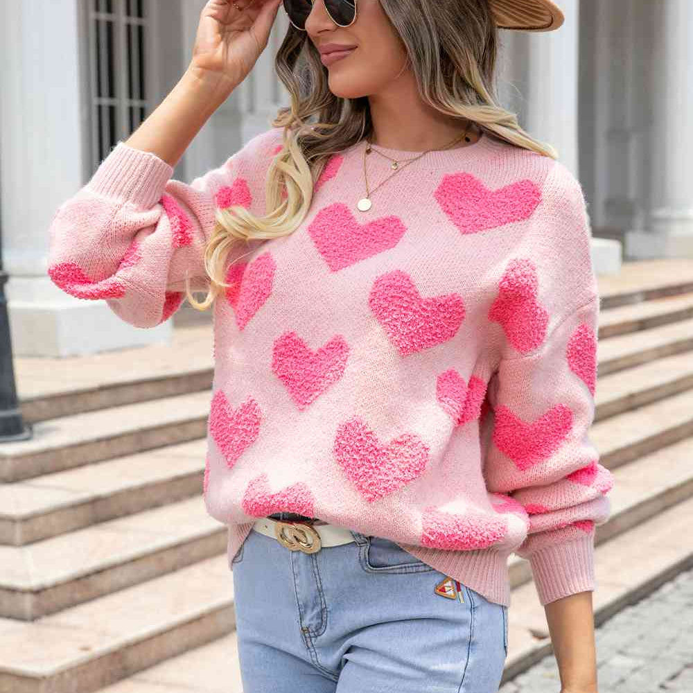 Round Neck Dropped Shoulder Sweater with Heart Pattern