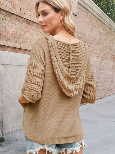 Openwork Drawstring Hooded Half Sleeve Knit Top - Stormyjay