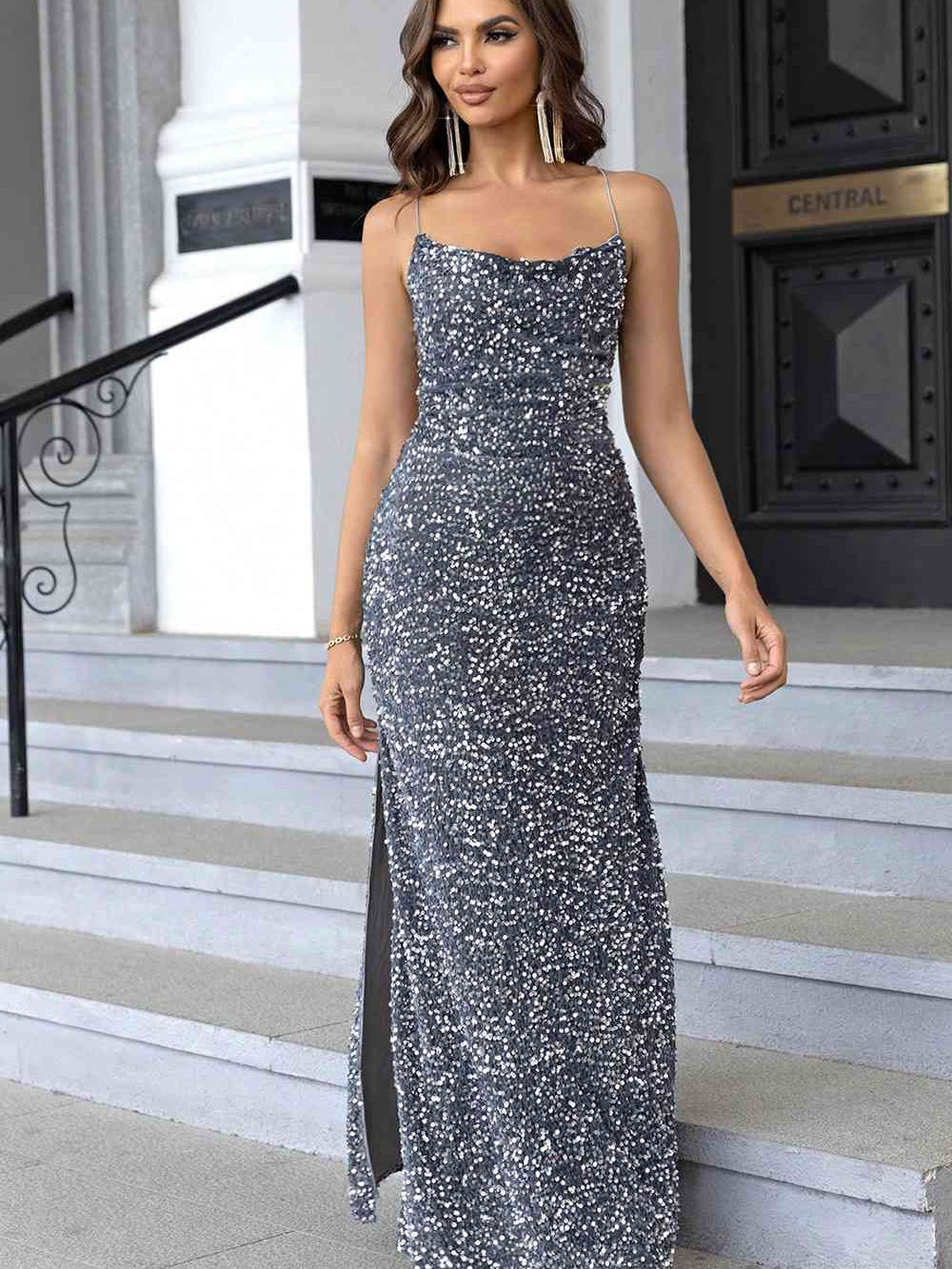 Sequin Backless Split Maxi Dress