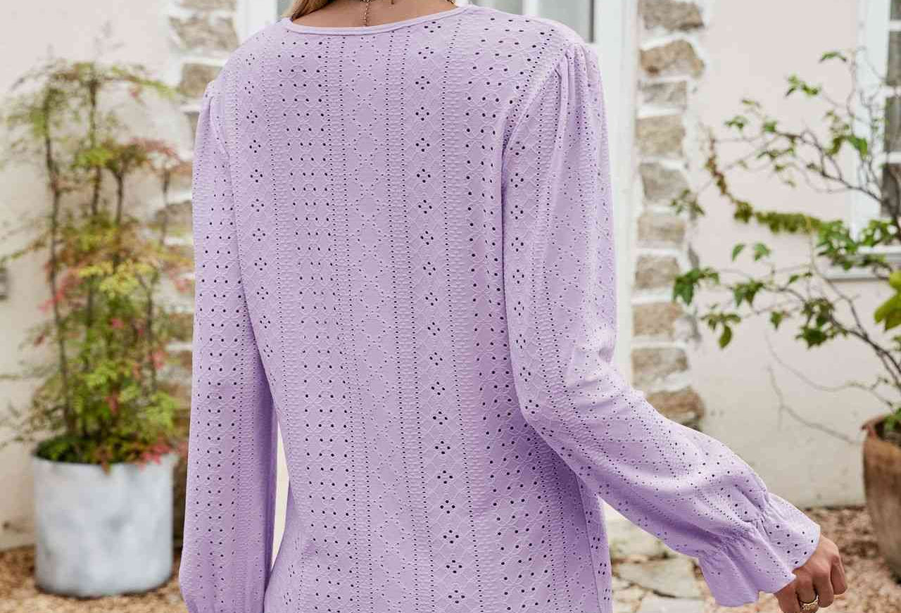 Eyelet Lace Trim Flounce Sleeve Blouse