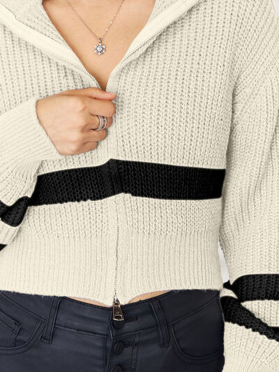 Striped Zip Up Dropped Shoulder Cardigan - Stormyjay