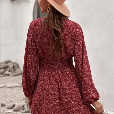 Smocked V-Neck Balloon Sleeve Dress
