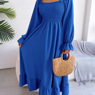 Smocked Square Neck Flounce Sleeve Dress
