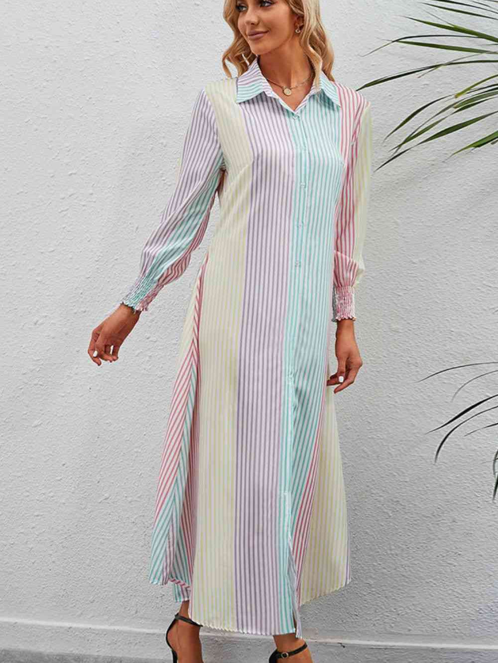 Rainbow Stripe Button-Up Maxi Shirt Dress - Stormyjay