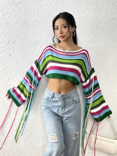 Fringe Striped Round Neck Knit Top - Stormyjay