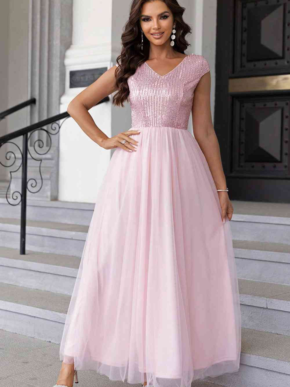 Sequin V-Neck Mesh Maxi Dress