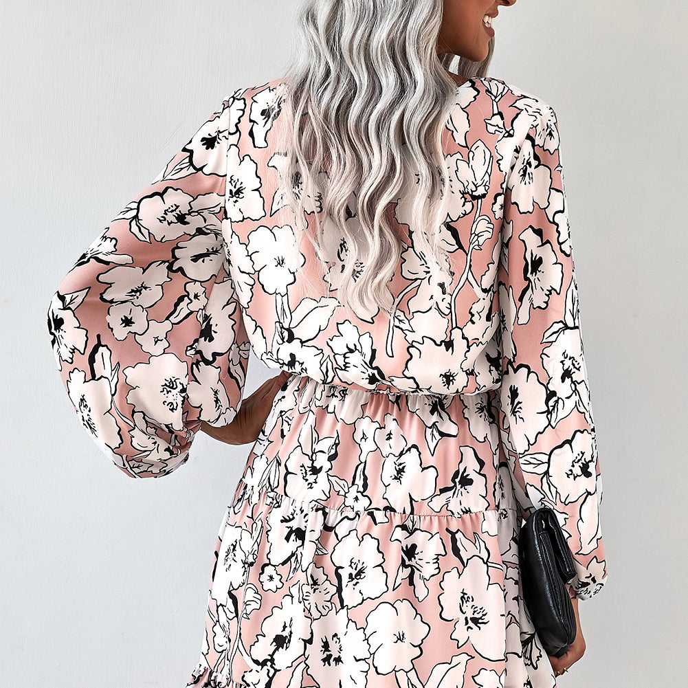 Floral Balloon Sleeve Ruffle Hem Dress - Stormyjay