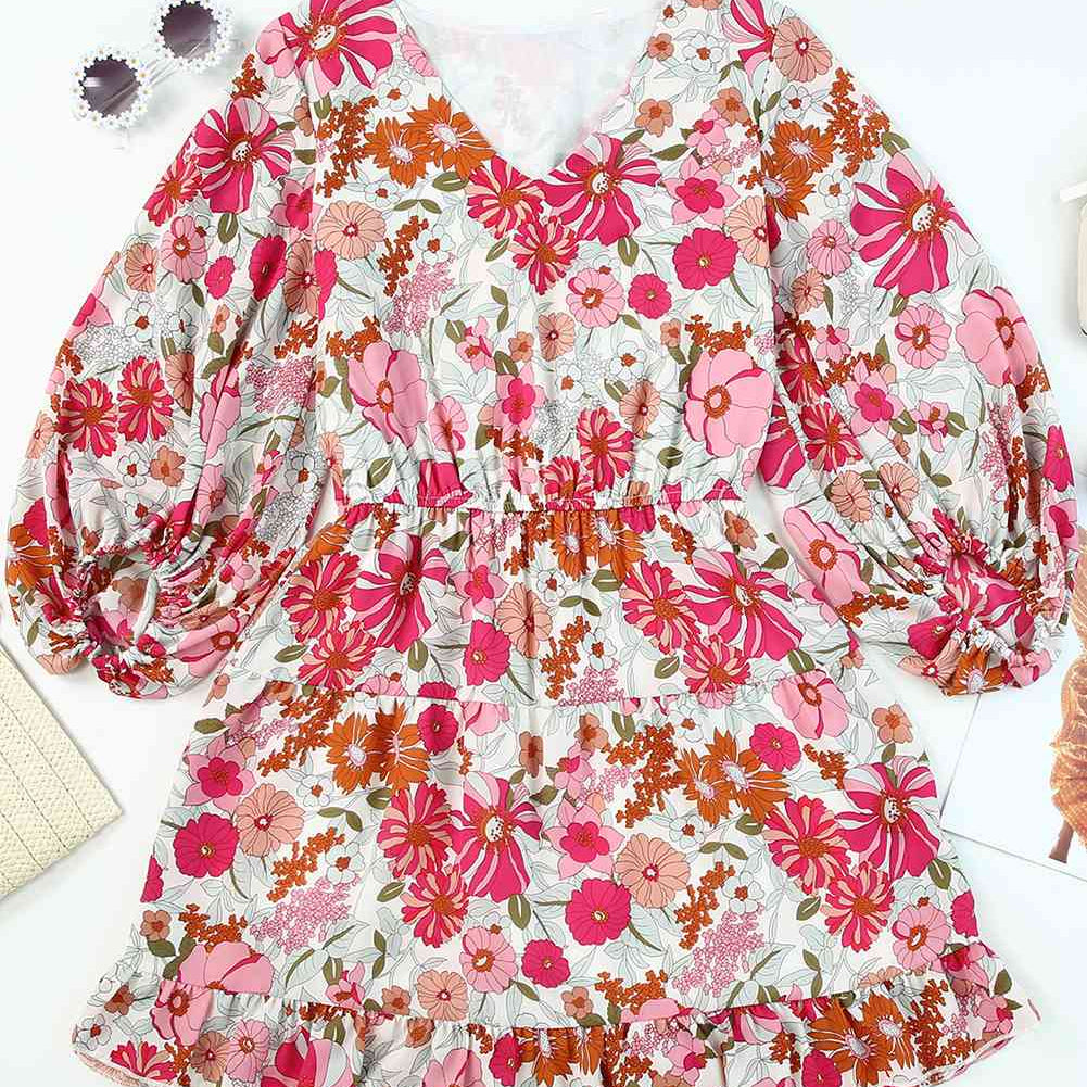 Floral Balloon Sleeve Ruffle Hem Dress - Stormyjay