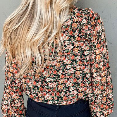 Floral Round Neck Lantern Sleeve Blouse