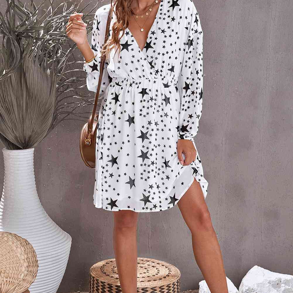 Star Print Dropped Shoulder Surplice Dress - Stormyjay
