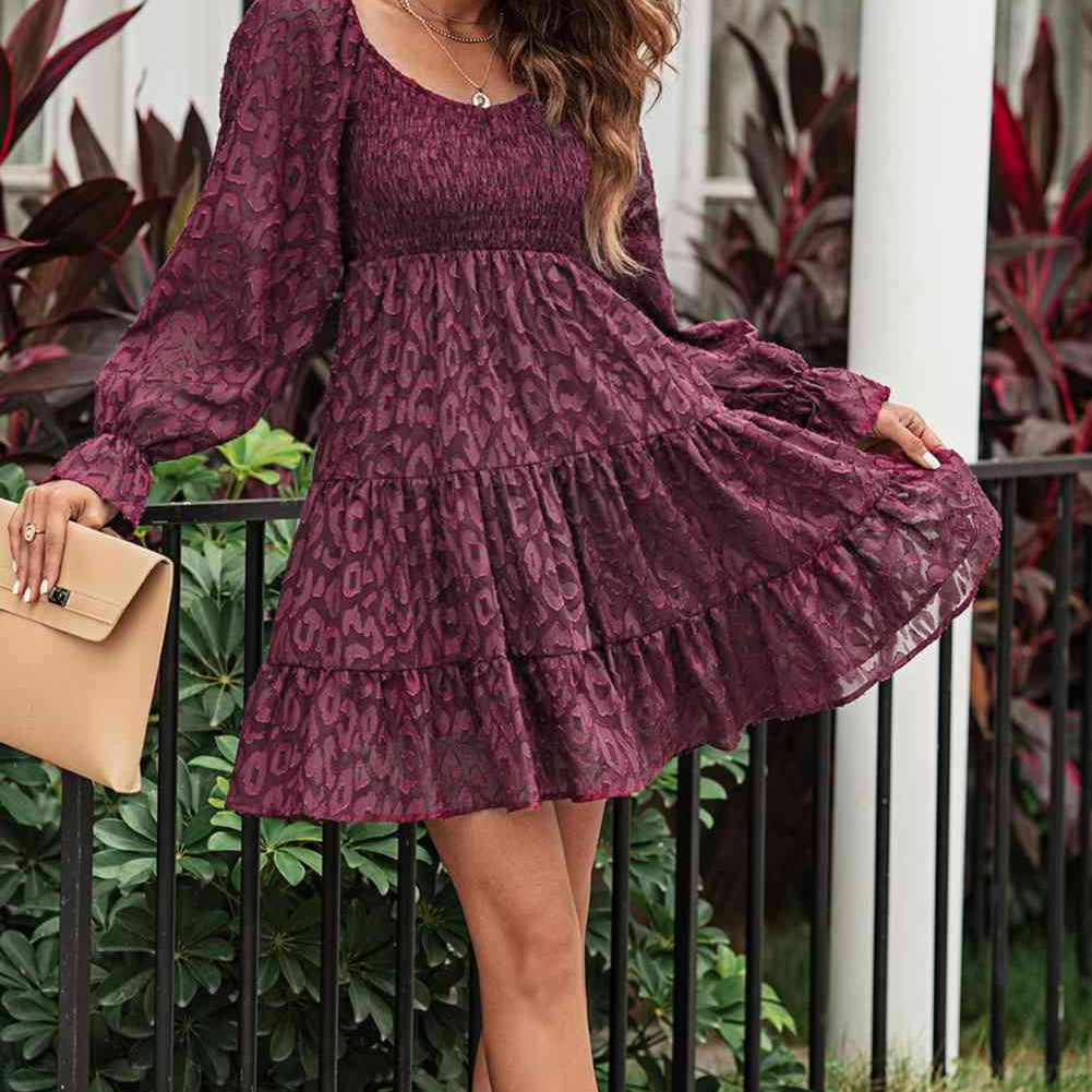 Leopard Applique Flounce Sleeve Smocked Tiered Dress - Stormyjay