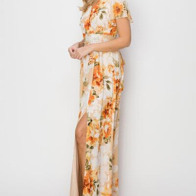 HYFVE Floral Tie Back Short Sleeve Slit Maxi Dress - Stormyjay