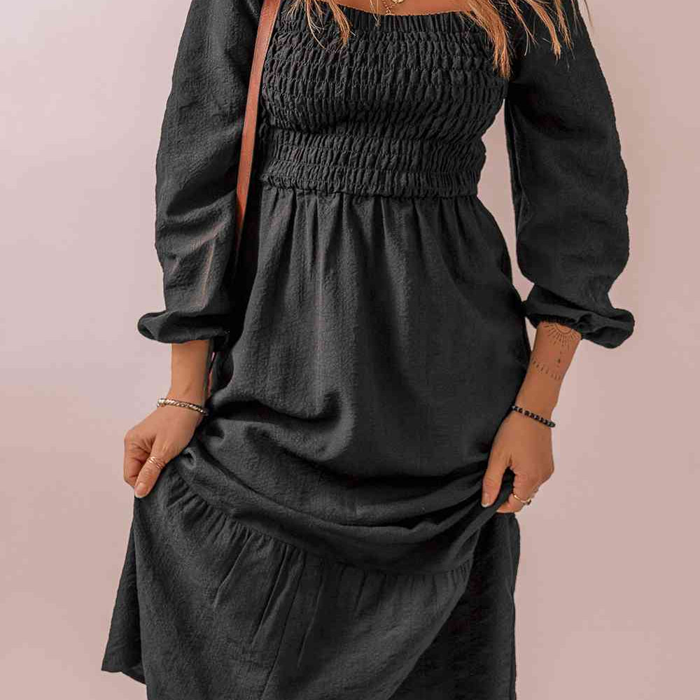 Square Neck Smocked Long Sleeve Dress