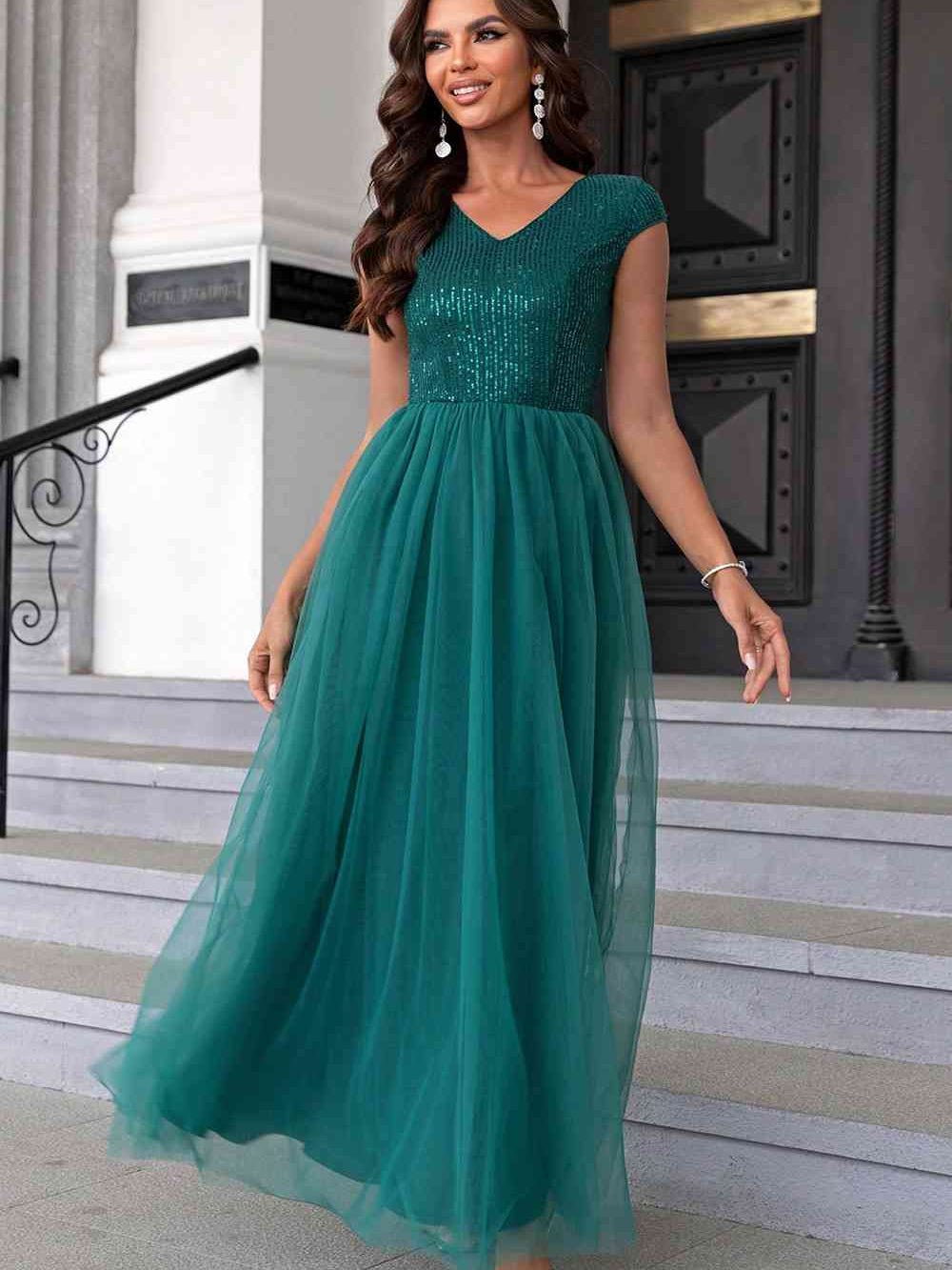 Sequin V-Neck Mesh Maxi Dress
