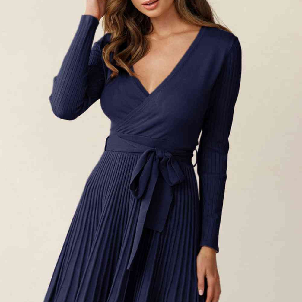Surplice Neck Tie Waist Pleated Dress - Stormyjay