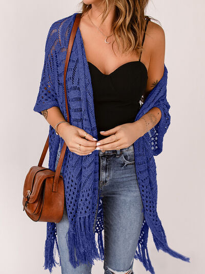 Openwork Open Front Cardigan with Fringes - Stormyjay