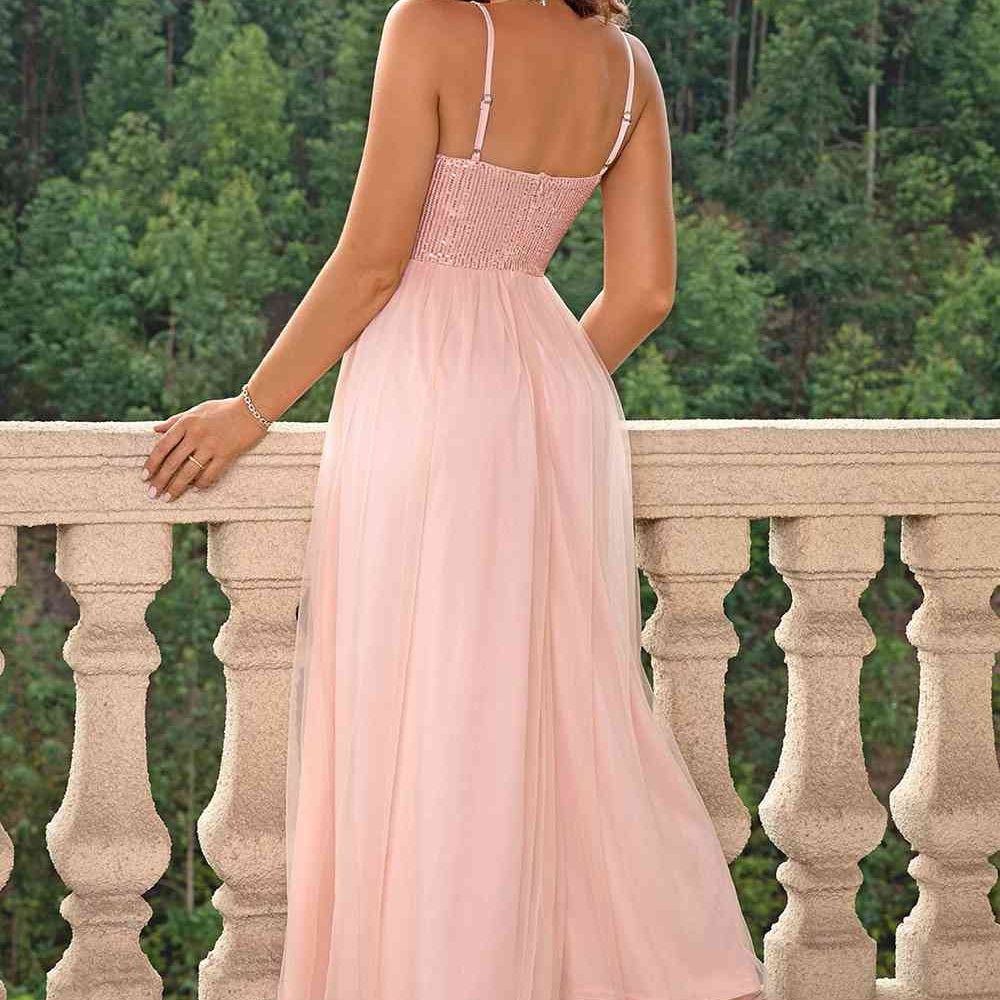 Spaghetti Strap Slit Mesh Dress