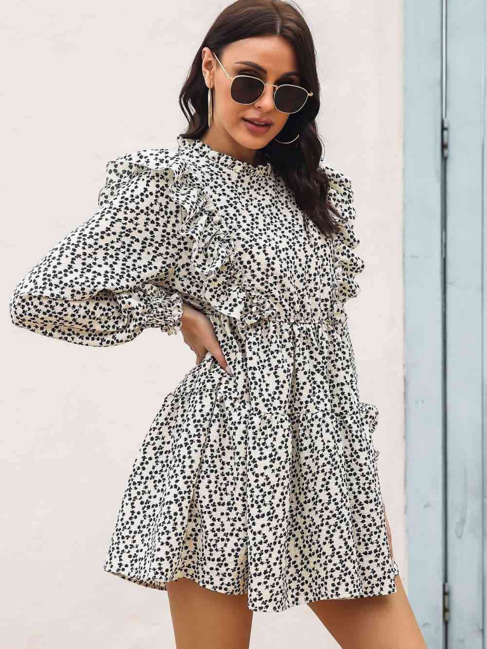 Printed Ruffle Trim Smocked Long Sleeve Mini Dress