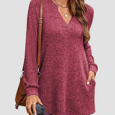 Slit Notched Pocketed Long Sleeve T-Shirt