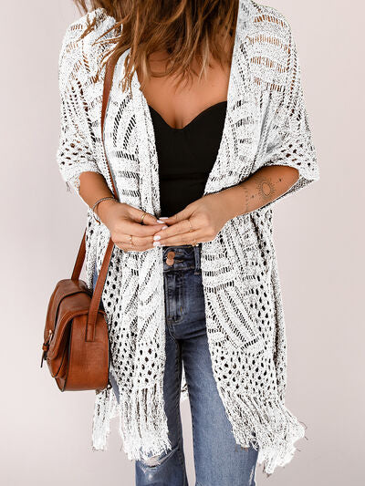 Openwork Open Front Cardigan with Fringes - Stormyjay