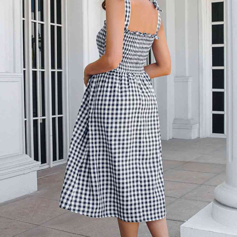Plaid Frill Trim Tie Shoulder Dress - Stormyjay