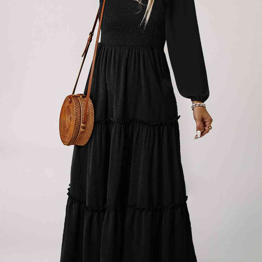 Square Neck Long Sleeve Tiered Dress