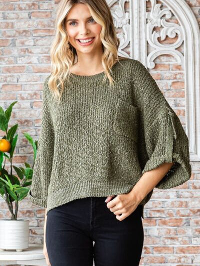 Veveret Round Neck Roll-Up Sweater - Stormyjay