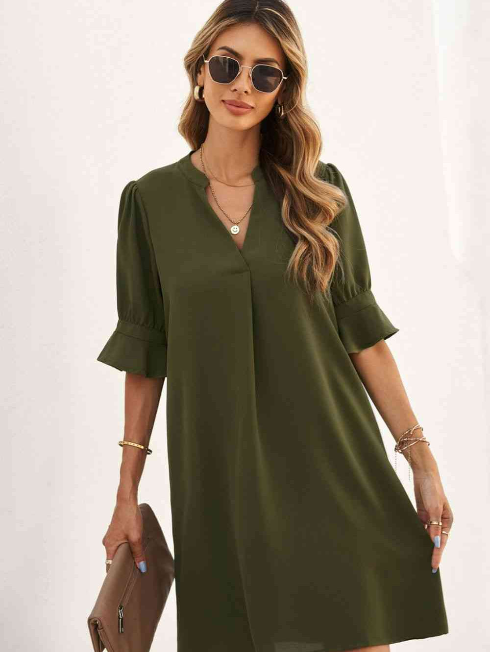 Puff Sleeve Notched Mini Shift Dress - Stormyjay