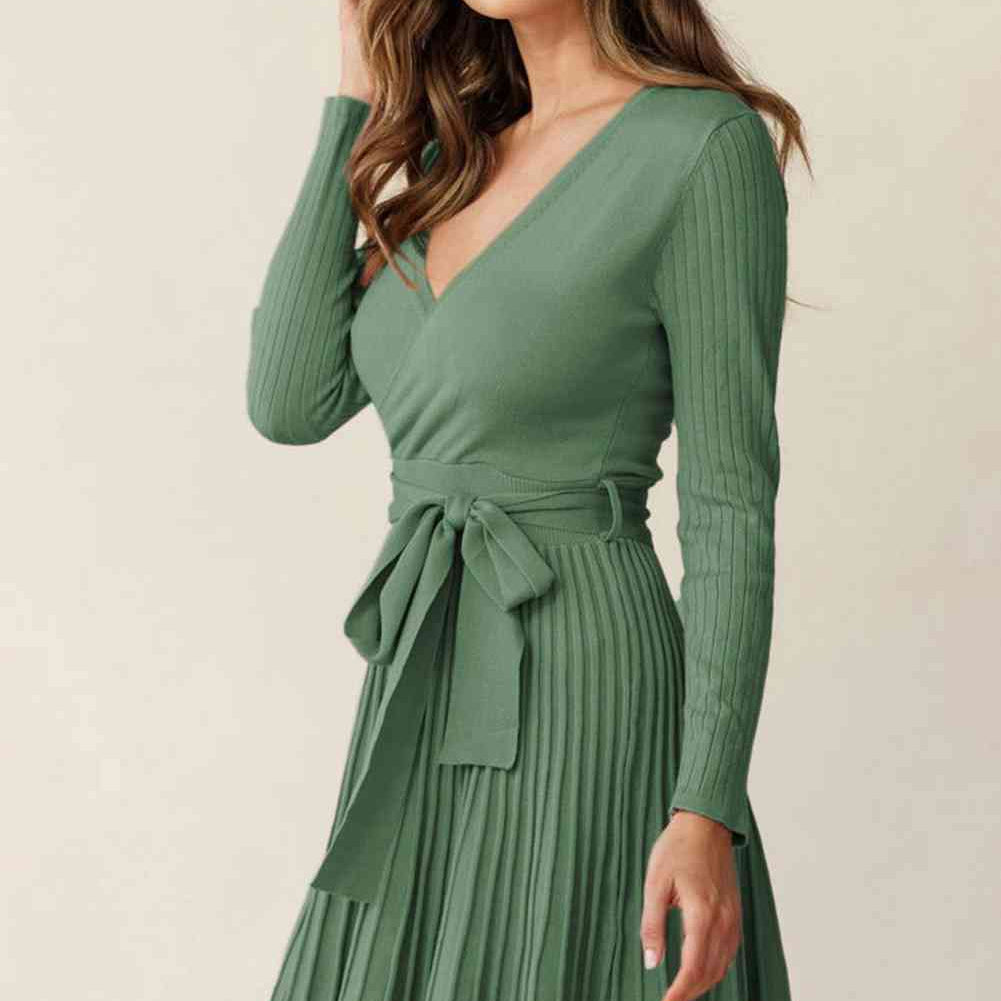 Surplice Neck Tie Waist Pleated Dress - Stormyjay